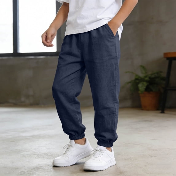 Linen Pants for Boys Kids Lightweight Elastic Waist Tapered Trousers Teen Tween Soft Cuffed Joggers with Pockets Casual Summer Beach Outfits, 5-15Y