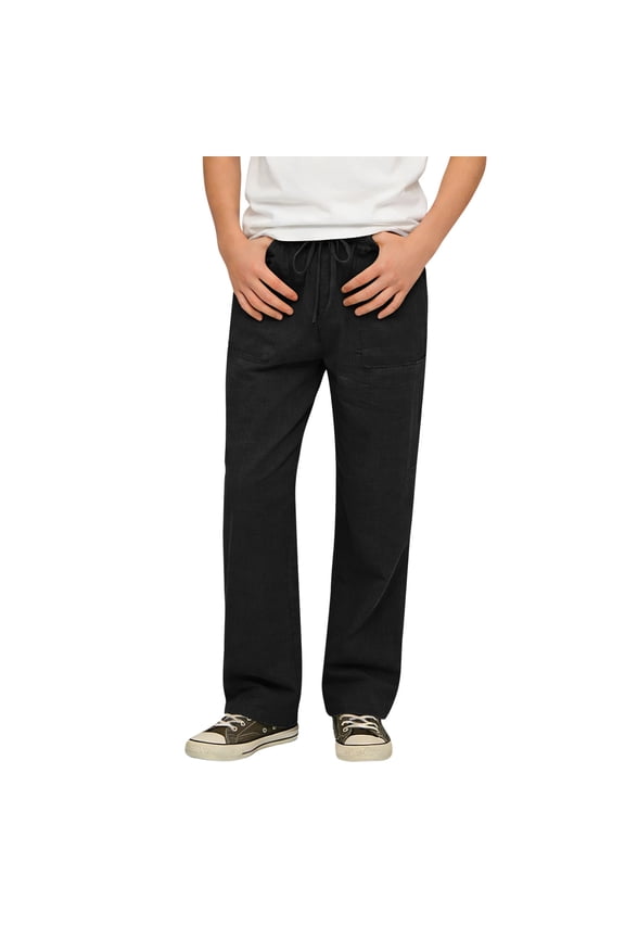 Linen Pants for Boys Summer School Uniform Pants Drawstring Elastic Waist Straight Leg Trousers with Pockets