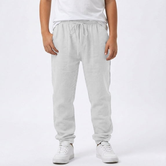 Linen Pants for Boys Summer Uniform Pants Drawstring Elastic Waist Straight Leg Trousers (White 12-13 Years)