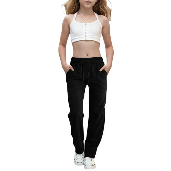Linen Pants for Girls Drawstring High Waisted Casual Pull on Straight Leg Trousers with Pockets Boys Go Walk Pants Black 140