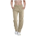 thumbnail image 1 of Linen Pants for Girls Drawstring High Waisted Casual Pull on Straight Leg Trousers with Pockets Slim Leg Flowy Pants Khaki 150, 1 of 7