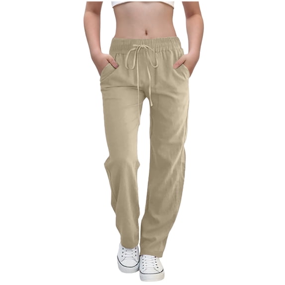 Linen Pants for Girls Drawstring High Waisted Casual Pull on Straight Leg Trousers with Pockets Slim Leg Flowy Pants Khaki 150