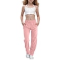 thumbnail image 1 of Linen Pants for Girls Drawstring High Waisted Casual Pull on Straight Leg Trousers with Pockets Slim Leg Trousers for Kids 170, 1 of 7