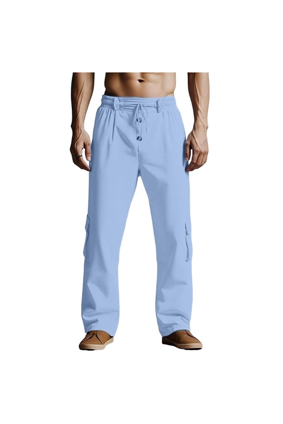 Linen Pants for Man Fall Summer Cargo Beach Hawaiian Tropical Straight Leg Plain Long Leg Pants Man 2026 Light Blue S