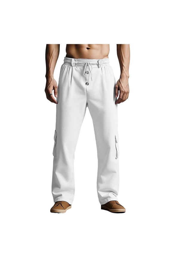Linen Pants for Man Fall Summer Cargo Beach Hawaiian Tropical Straight Leg Plain Long Leg Pants Man 2026 White S