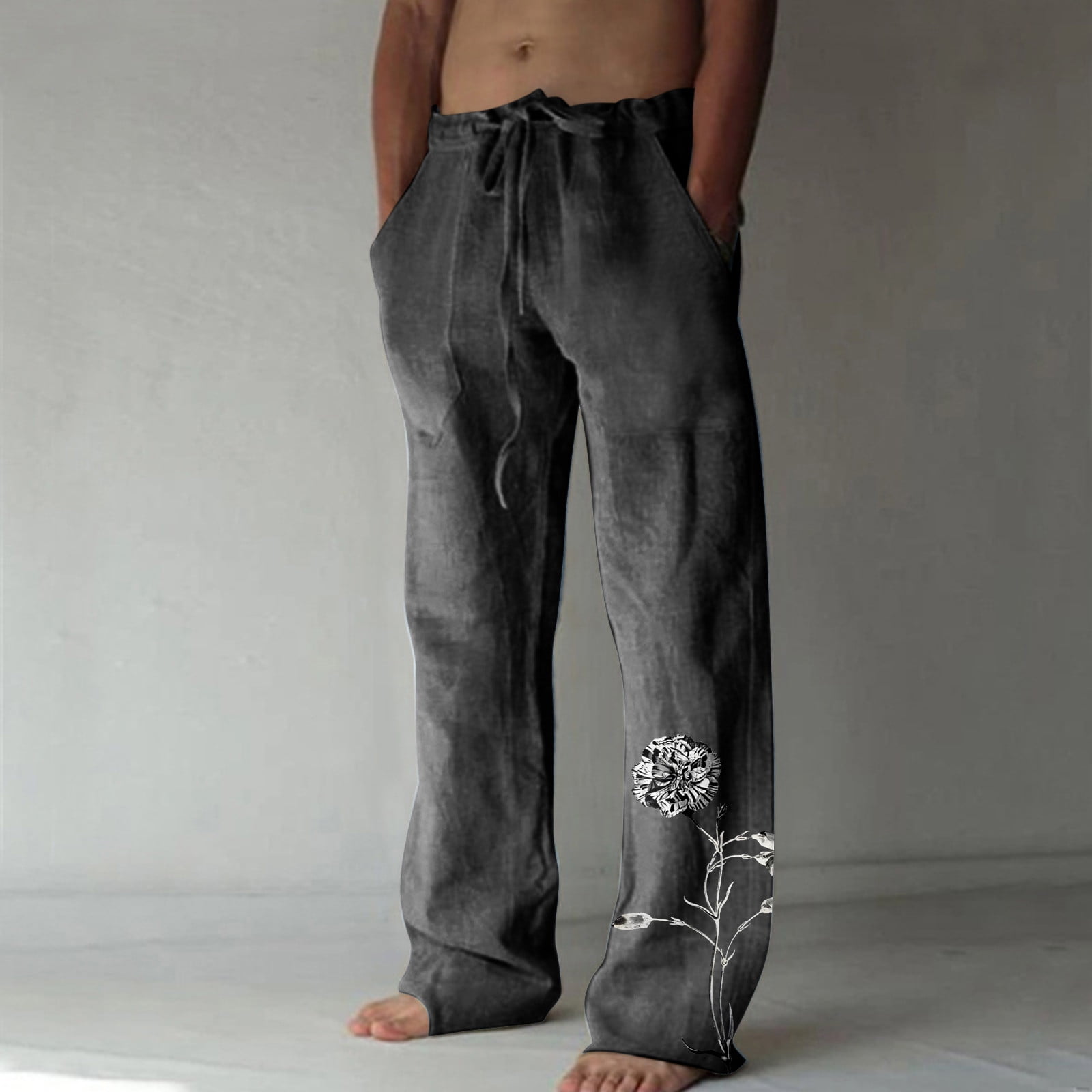 Linen Pants for Men Comfy Fit Pockets Drawcord Wide Leg Sweatpants