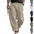thumbnail image 1 of Linen Pants for Men Elastic High Waist Drawstring Wide Leg Pants Casual Breathable Summer Vacation Beach Trousers, L, 1 of 9