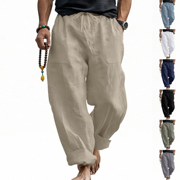 Linen Pants for Men Elastic High Waist Drawstring Wide Leg Pants Casual Breathable Summer Vacation Beach Trousers, L