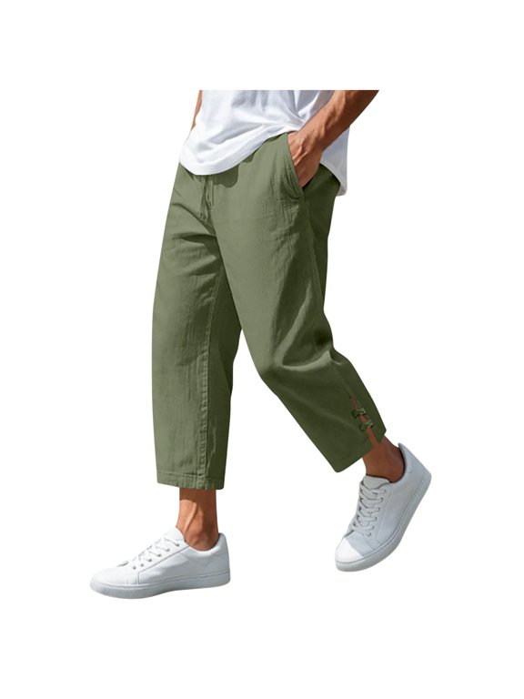 Linen Pants for Men Hawaiian Beach Casual Elastic Waist with Pockets Vacation Travel Trousers Dad Gifts