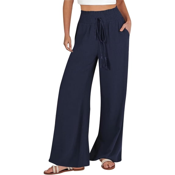 Linen Pants for Women 2024 Summer Palazzo Flowy Wide Leg Pants with Pocket Beach Island Casual Vacation High Waist Trouser