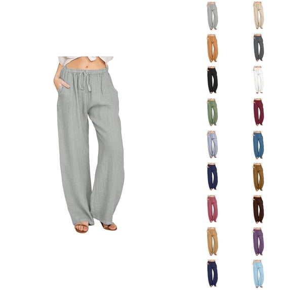 Linen Pants for Women 2025 Elastic Waist Drawstring Loose Fit Wide Leg Pants with Pockets Casual Trousers