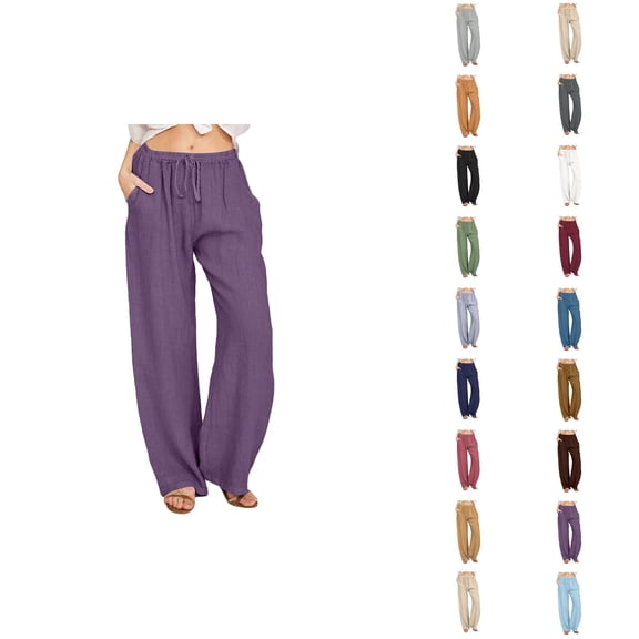 Linen Pants for Women 2025 Elastic Waist Drawstring Loose Fit Wide Leg Pants with Pockets Casual Trousers