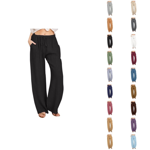 Linen Pants for Women 2025 Elastic Waist Drawstring Loose Fit Wide Leg Pants with Pockets Casual Trousers