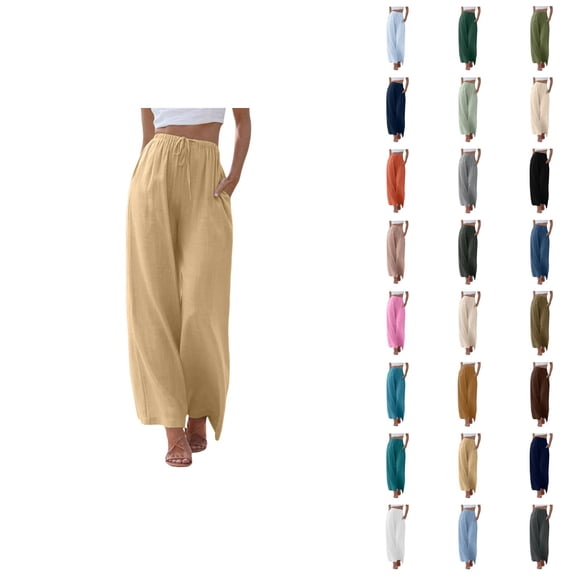 Linen Pants for Women 2025 Lightweight Elastic High Waist Drawstring Wide Leg Pants with Pockets Casual Trousers