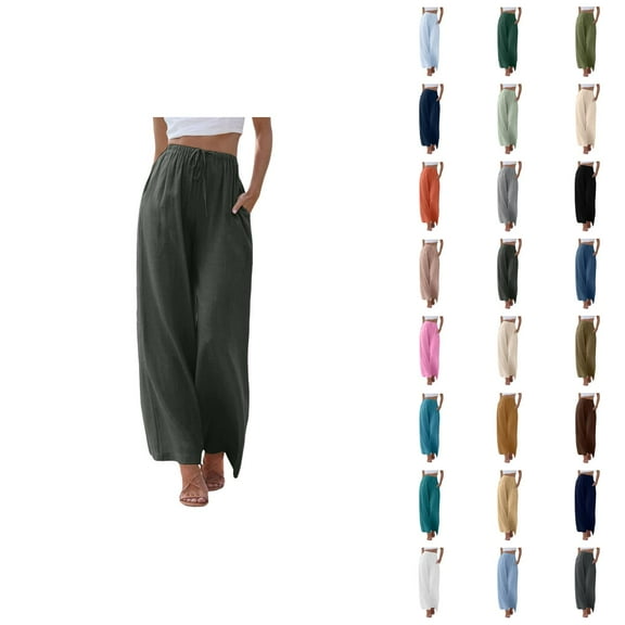 Linen Pants for Women 2025 Lightweight Elastic High Waist Drawstring Wide Leg Pants with Pockets Casual Trousers