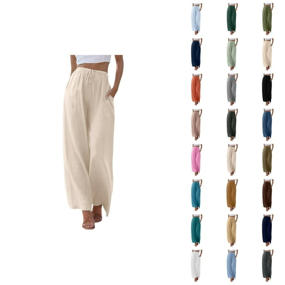 Linen Pants for Women 2025 Lightweight Elastic High Waist Drawstring Wide Leg Pants with Pockets Casual Trousers
