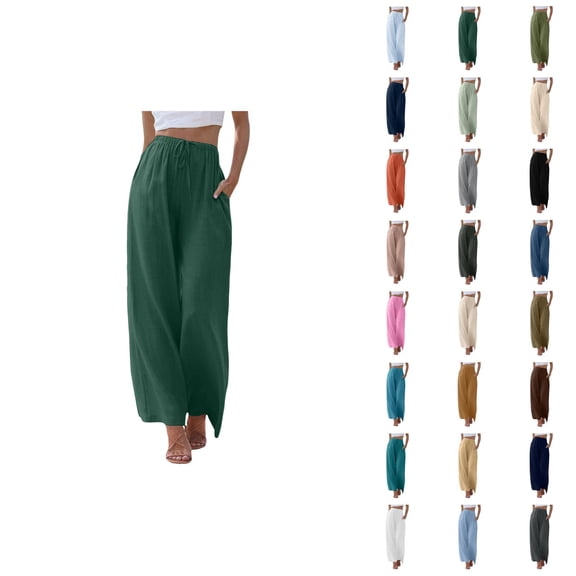 Linen Pants for Women 2025 Lightweight Elastic High Waist Drawstring Wide Leg Pants with Pockets Casual Trousers
