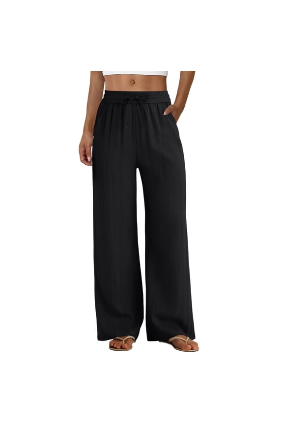 Linen Pants for Women 2026 Summer Drawstring Waist Palazzo Pants Business Casual Vacation Beach Trousers with Pockets OIOLOYJM Black XL