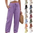 thumbnail image 1 of Linen Pants for Women Beach Vacation High Waist Elastic Drawstring Straight Leg Long Trousers with Pockets, 2XL, 1 of 7