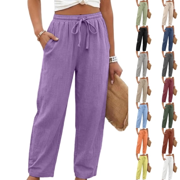 Linen Pants for Women Beach Vacation High Waist Elastic Drawstring Straight Leg Long Trousers with Pockets, M