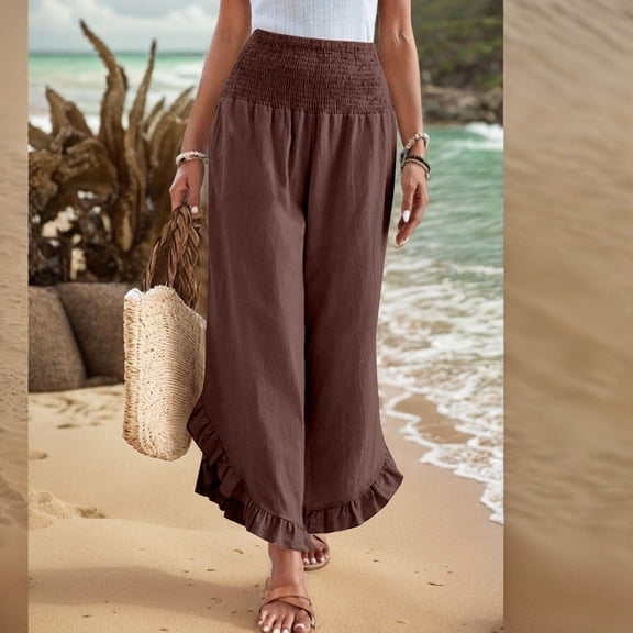Linen Pants for Women Boho Smocked High Waisted Wide Leg Pull On Palazzo Pants Casual Flowy Cute Ruffle Beach Pant with Pockets Coffee XL