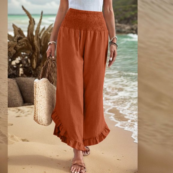Linen Pants for Women Boho Smocked High Waisted Wide Leg Pull On Palazzo Pants Casual Flowy Cute Ruffle Beach Pant with Pockets Orange L