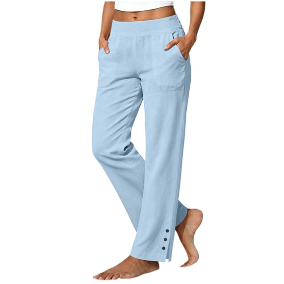 Linen Pants for Women Boho Wide Leg Flowy Petite Casual Pants,L