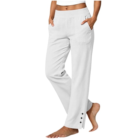 Linen Pants for Women Boho Wide Leg Flowy Petite Casual Pants,M