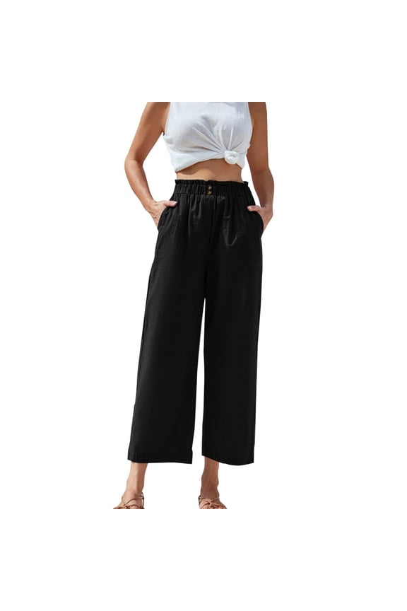 Linen Pants for Women Casual Flowy Pants Elastic Waist Wide Leg Pant Boho Lounge Beach Trousers with Pockets Black L