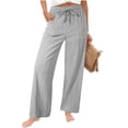 thumbnail image 1 of Linen Pants for Women - Casual Summer Drawstring Elastic Waist Straight Leg Long Trousers with Pockets Summer High Waisted Beach Pants, Gray, XL, 1 of 7