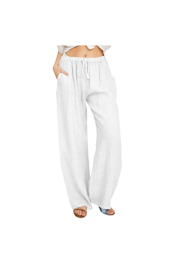 Linen Pants for Women Casual Summer Fall Trousers Pockets Wide Leg Elastic Waist Beach Travel Lounge Sweatpants (2XL, White)