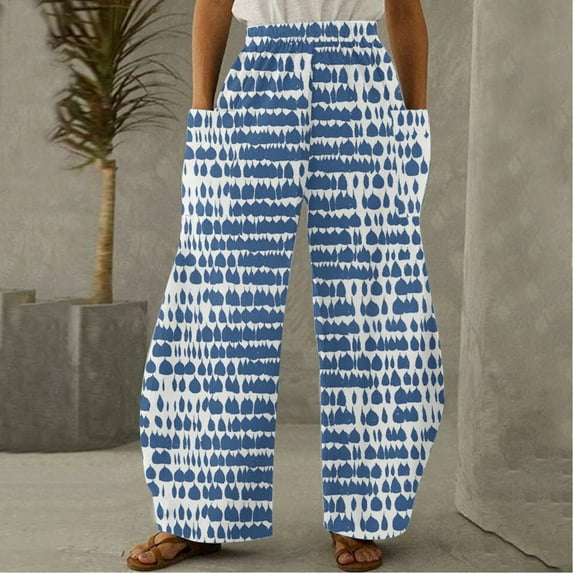 Linen Pants for Women,Clearance Women Casual Printing Pockets Elastic Mid-Waist Comfortable Wide-Legged Loose Pants Cargo Pants Women