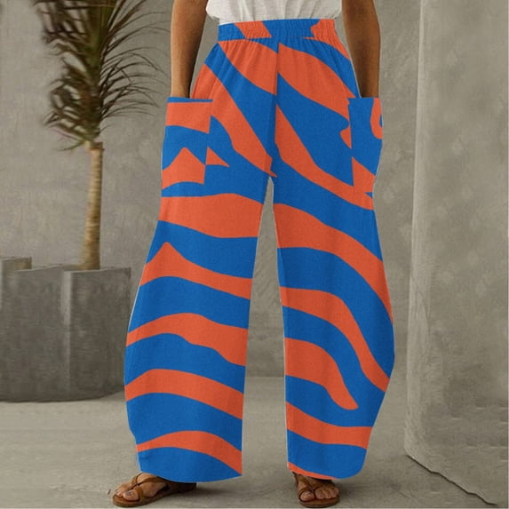 Linen Pants for Women,Clearance Women Casual Printing Pockets Elastic Mid-Waist Comfortable Wide-Legged Loose Pants Cargo Pants Women