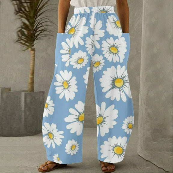Tbopshirt Linen Pants for Women,Women Casual Printing Pockets Elastic Mid-Waist Comfortable Wide-Legged Loose Pants Cargo Pants Women