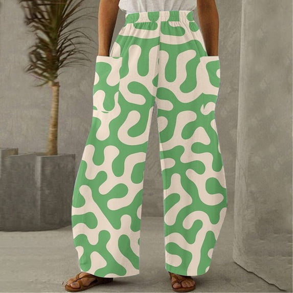 Linen Pants for Women,Clearance Women Casual Printing Pockets Elastic Mid-Waist Comfortable Wide-Legged Loose Pants Cargo Pants Women
