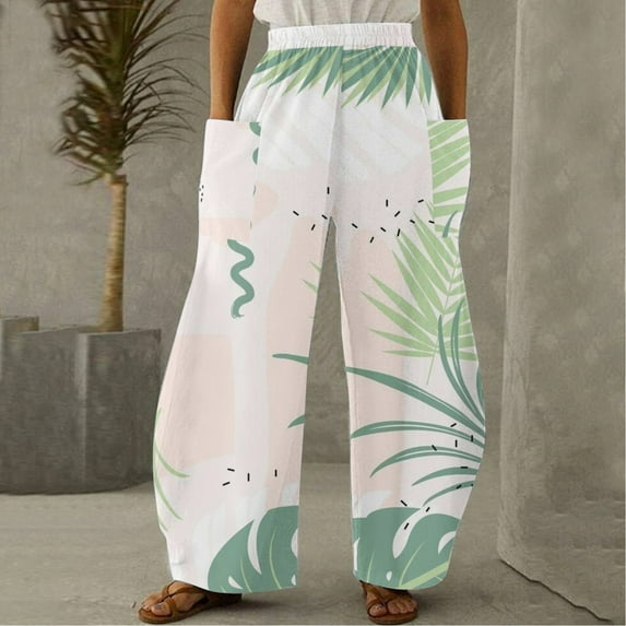 Linen Pants for Women,Clearance Women Casual Printing Pockets Elastic Mid-Waist Comfortable Wide-Legged Loose Pants Cargo Pants Women