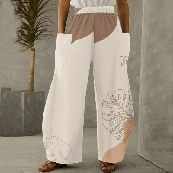 Linen Pants for Women,Clearance Women Casual Printing Pockets Elastic Mid-Waist Comfortable Wide-Legged Loose Pants Cargo Pants Women