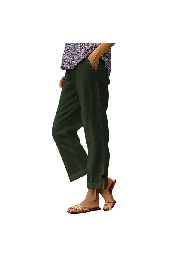 Linen Pants for Women Cotton Blend Side Slit Button Detail Hem Bottoms Straight Leg Elastic Waist Trousers Casual Summer Pants