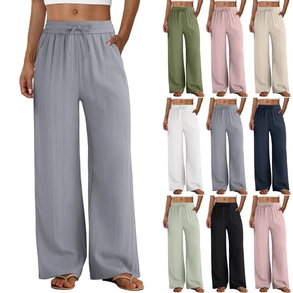 Linen Pants for Women Cotton Wide Leg Trousers Drawstring Elastic Waist Palazzo Flowy Casual Summer 2026 Beach Lounge with Pockets Gray 2XL