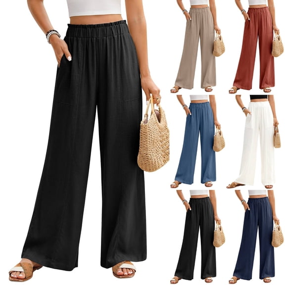 Linen Pants for Women Drawstring Waist Wide Leg Palazzo Trousers Ruffle Loose Fit Flowy Casual Summer 2026 Beach Lounge with Pockets Black XL