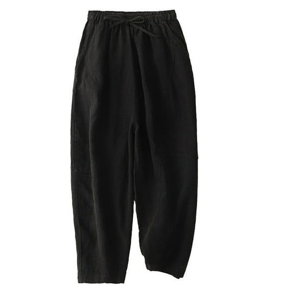 Linen Pants for Women Elastic High Waist Buttons Pockets Straight Leg Capris Pants Solid Soft Comfy Casual Pants Black,M