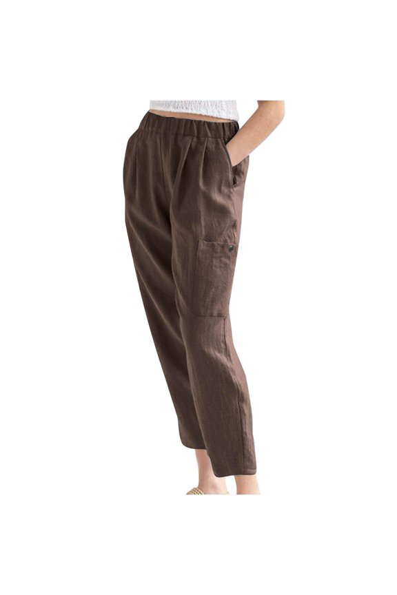 Linen Pants for Women, Elastic Waist Casual Spring Lounge Pants Soft Straight Leg Cropped Trouser with Pockets