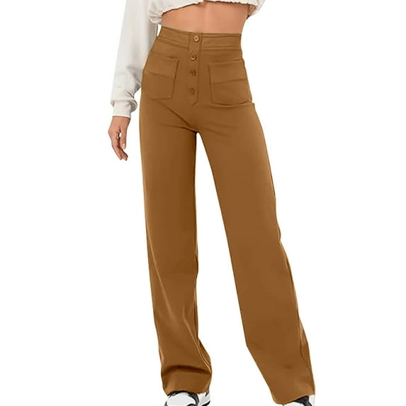 BLVB Womens Casual Straight Leg Pants High Waisted Dressy Button Stretchy Business Work Trousers with Multiple Pockets