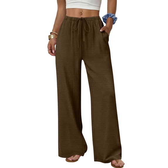 Linen Pants for Women High Waisted Drawstring Wide Leg Pants Summer Flowy Cotton Linen Pant Boho Beach Vacation Clothes 2026 Coffee XL