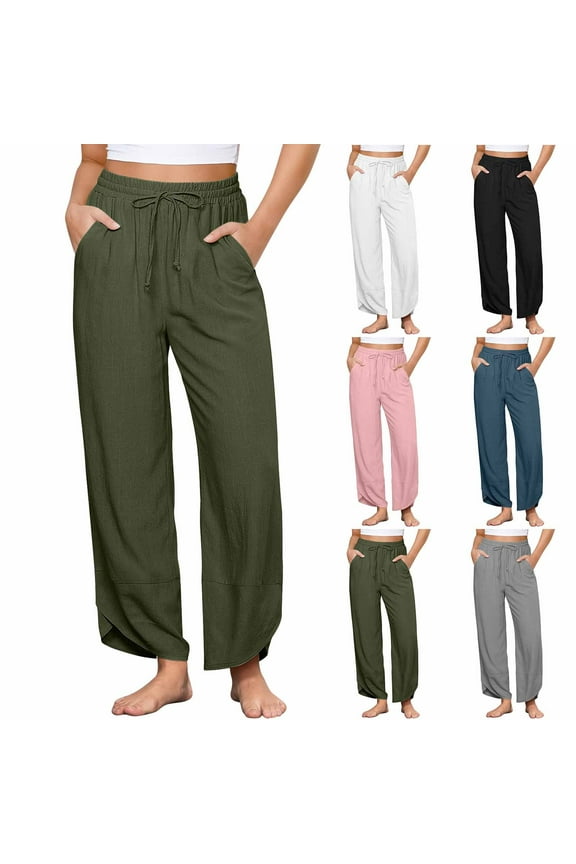 Linen Pants for Women High Waisted Elastic Waist with Pockets Split Hem Casual Trousers Wide Leg Palazzo Pants Summer Work Office | CSEONE,White XL