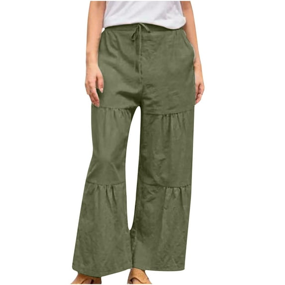 Linen Pants for Women High Waisted Flare Palazzo Pants Solid Color Drawstring Casual Loose Fit Wide Leg Pants Trousers