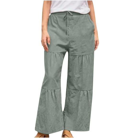 Linen Pants for Women High Waisted Flare Palazzo Pants Solid Color Drawstring Casual Loose Fit Wide Leg Pants Trousers