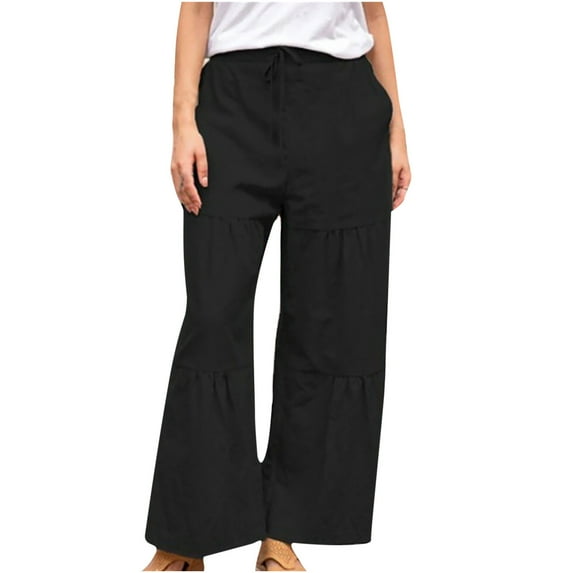 Linen Pants for Women High Waisted Flare Palazzo Pants Solid Color Drawstring Casual Relaxed Fit Wide Leg Pants Trousers