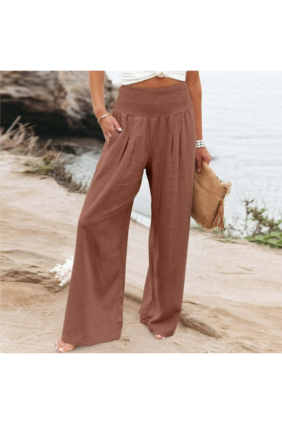 Linen Pants for Women High Waisted Wide Leg Loose Fit Palazzo Pants Casual Beach Trendy Lounge Trouses with Pockets