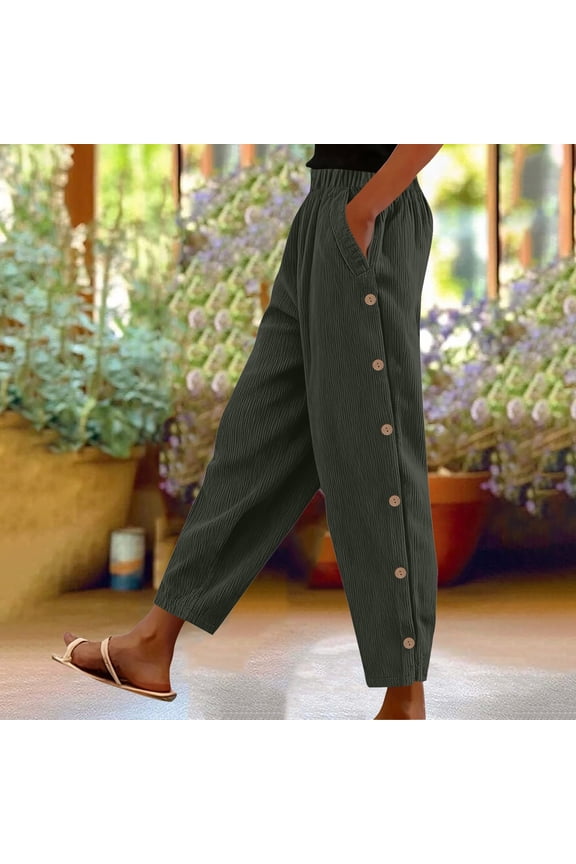 Linen Pants for Women Loose Fit Wide Leg Lounge Pants Spring Summer Casual Drawstring Capris Button Cropped Trousers(Dark Gray,S)